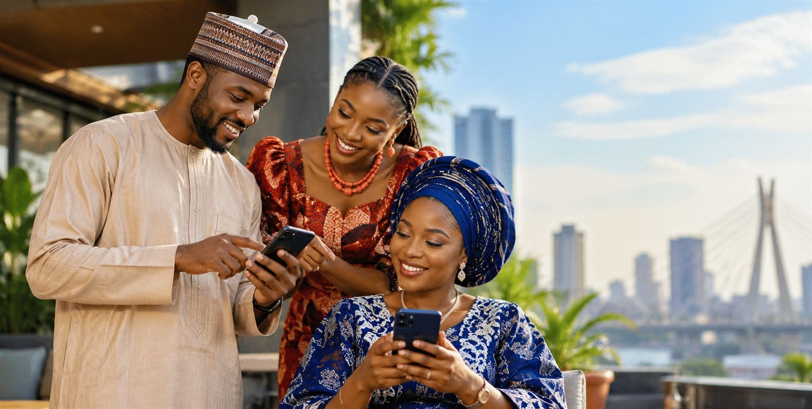 Three people on a terrace overlooking the Lagos skyline, looking at their phones.