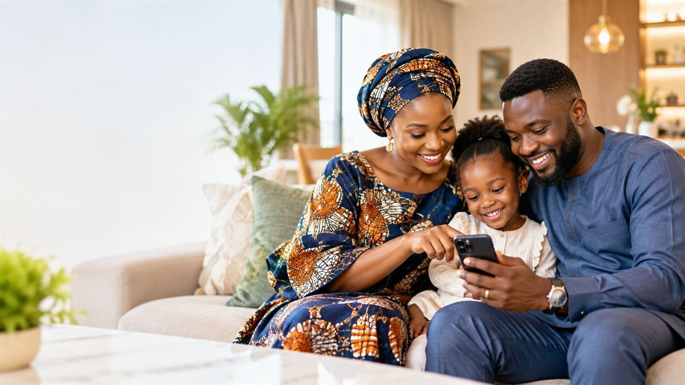 A family of three on a sofa at home, smiling as they look at a phone together.