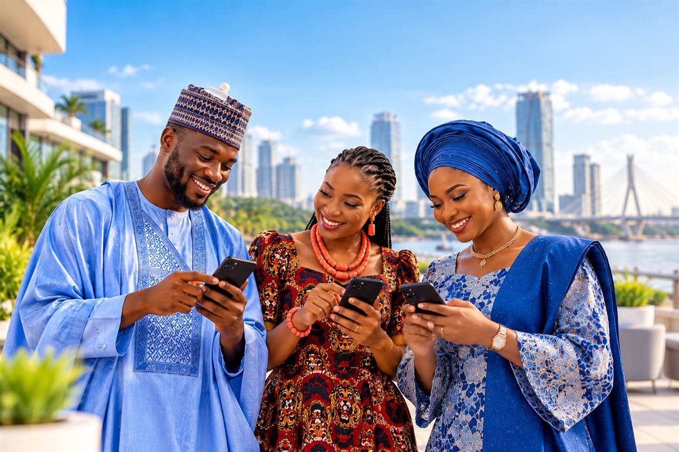 Three people in traditional and modern Nigerian dress smile at their phones, with the Lagos skyline and bridge behind them.